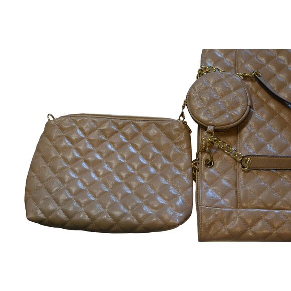 Women's Camel Brown Quilted Tote Bag w/ Pouches, Gold Hardware - Picture 2 of 5